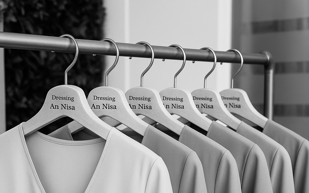 Étagère en bois avec casquettes grises et vert olive, à côté d'un cintre avec des pulls.